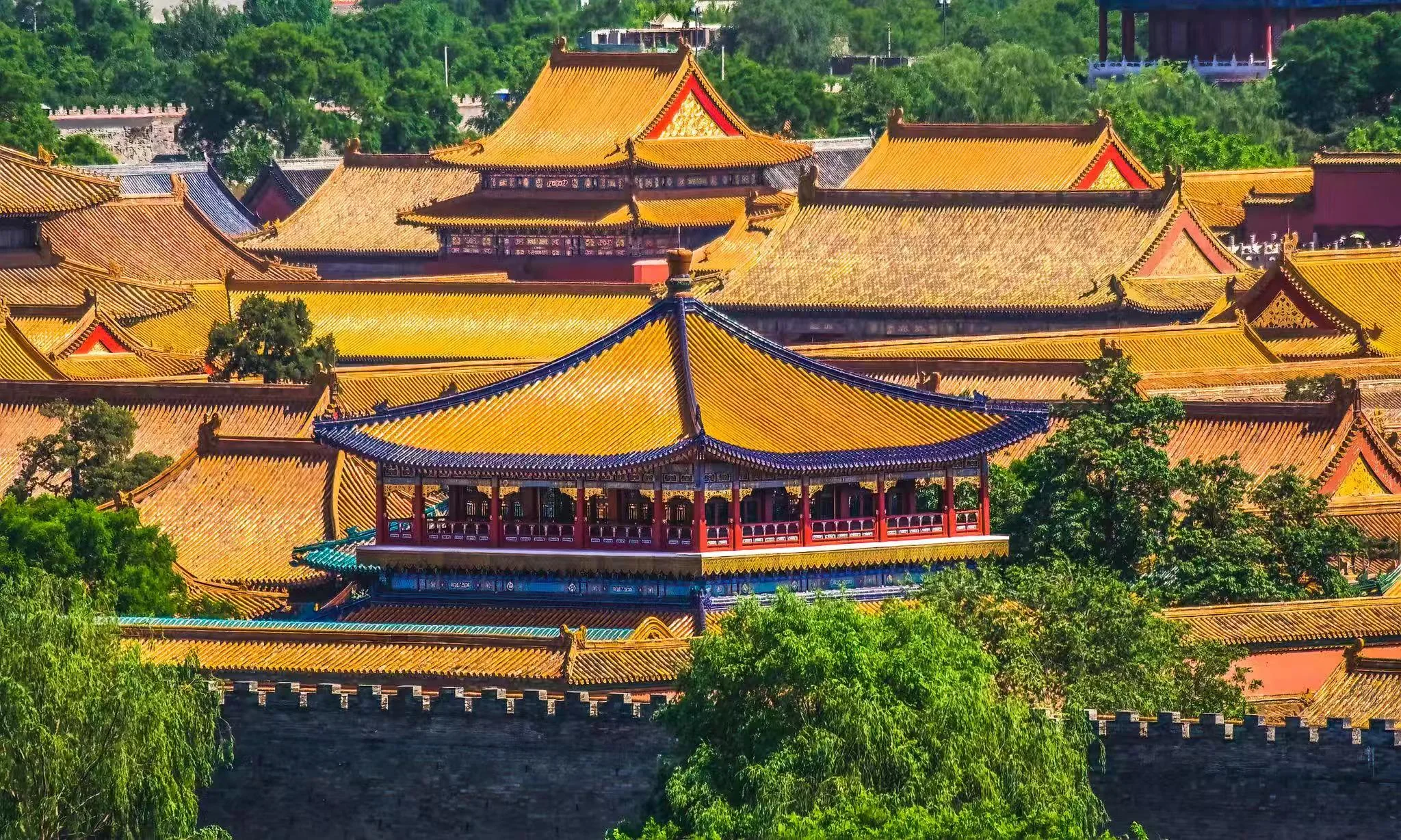 Aerial view of the Forbidden City in Beijing with golden rooftops