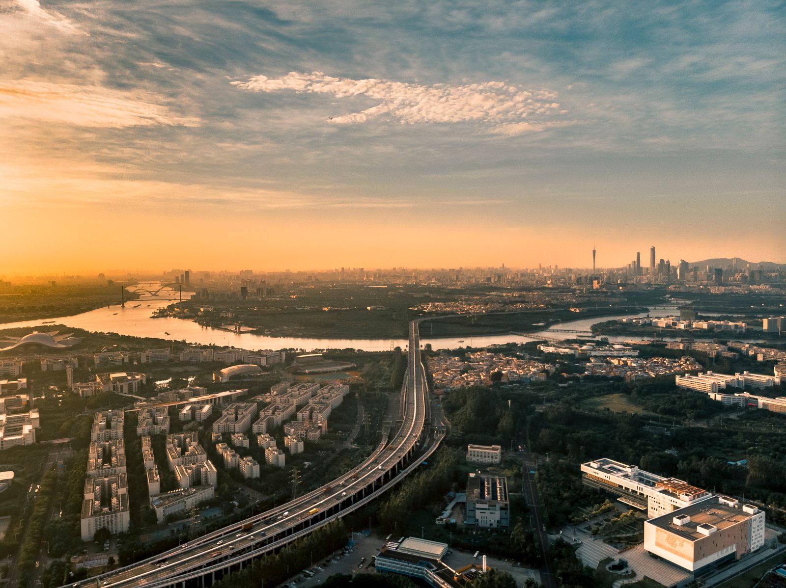Guangzhou skyline and Pearl River at golden hour