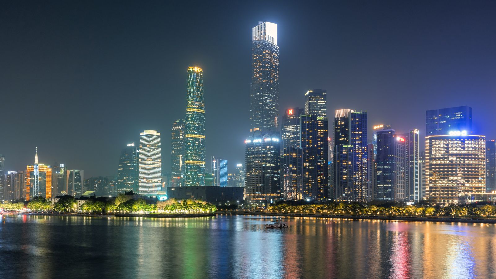Guangzhou illuminated skyline along the Pearl River at night