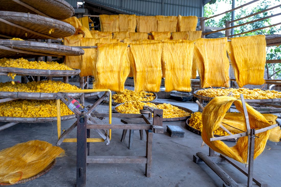 Yellow silk threads drying in a textile workshop, Hangzhou