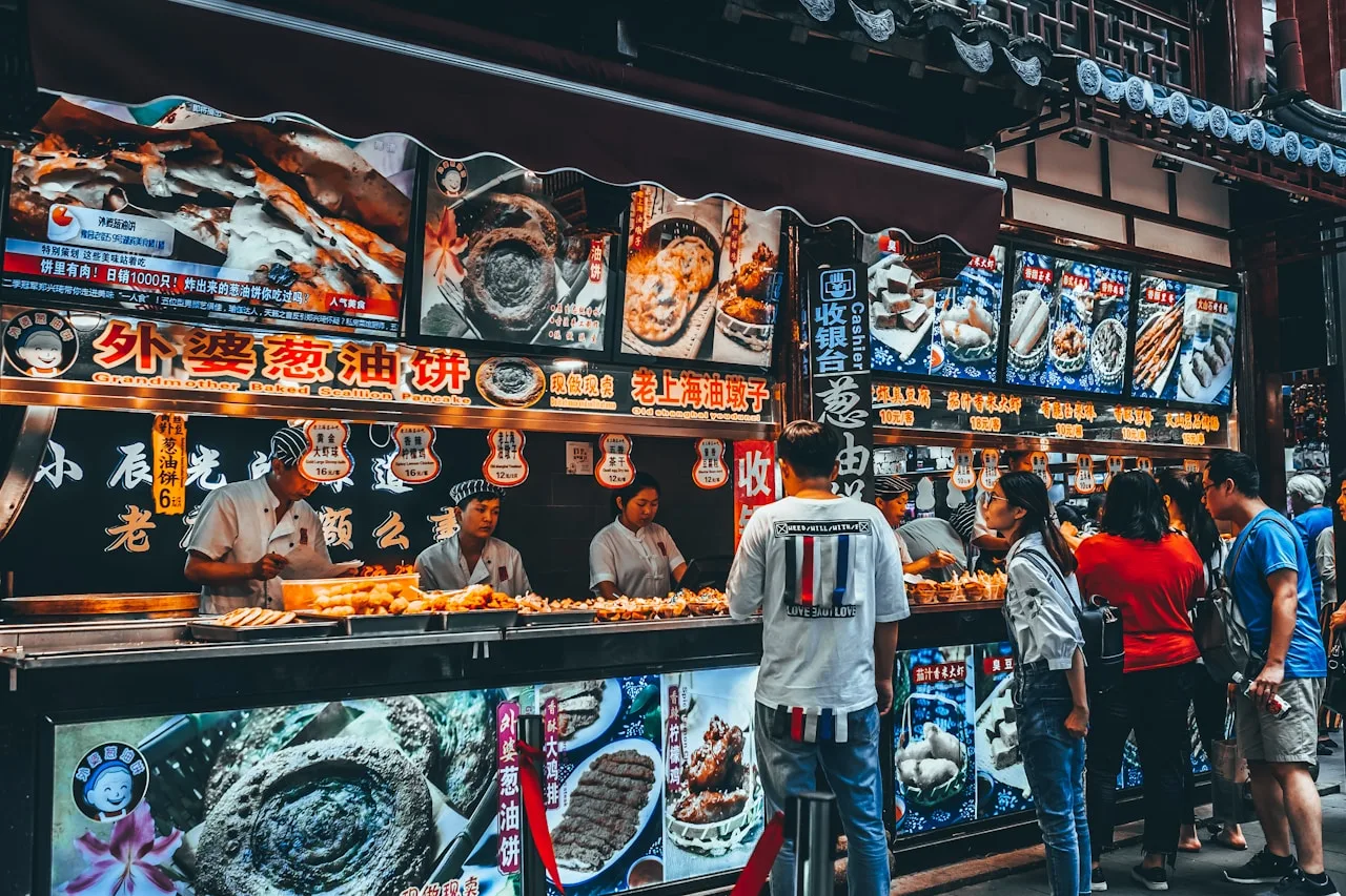 Busy Shanghai local food market stall with fresh produce