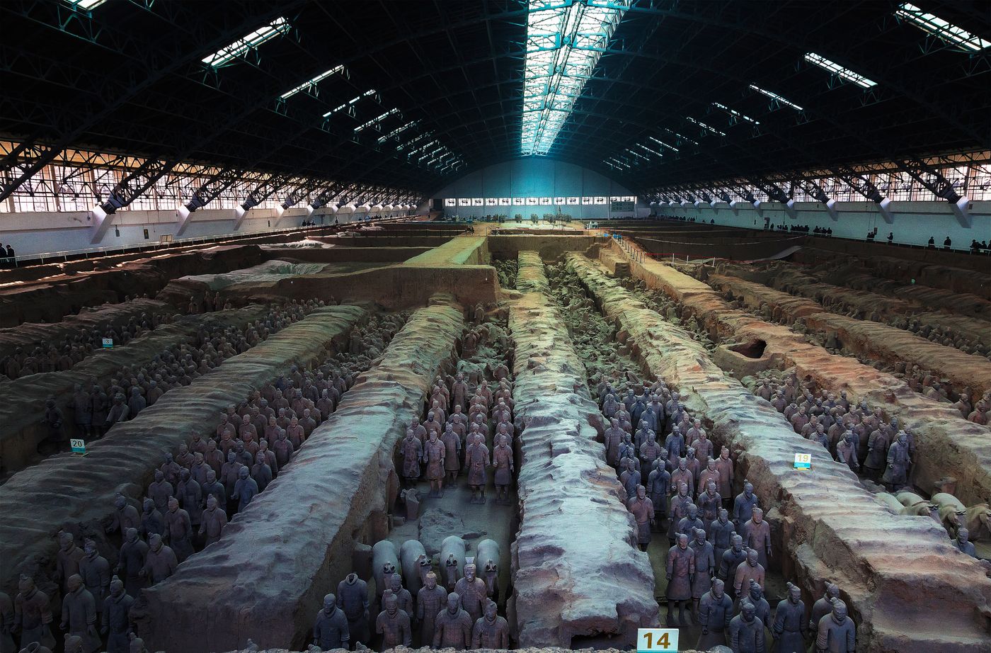 Panoramic view of the Terracotta Army standing in silent formation, Xi'an