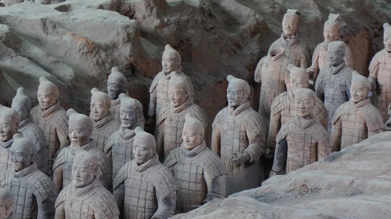Thousands of terracotta warriors standing in formation at the Xi'an museum pit
